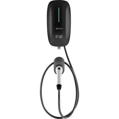 Aan de muur gemonteerd zwart elektrisch laadstation voor voertuigen met een aangesloten laadkabel en connector.