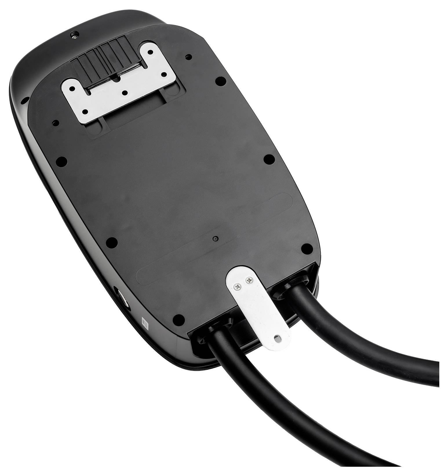 Onderkant van een zwart elektronisch apparaat met bevestigingsklemmen en twee kabels die aan één uiteinde uitkomen.