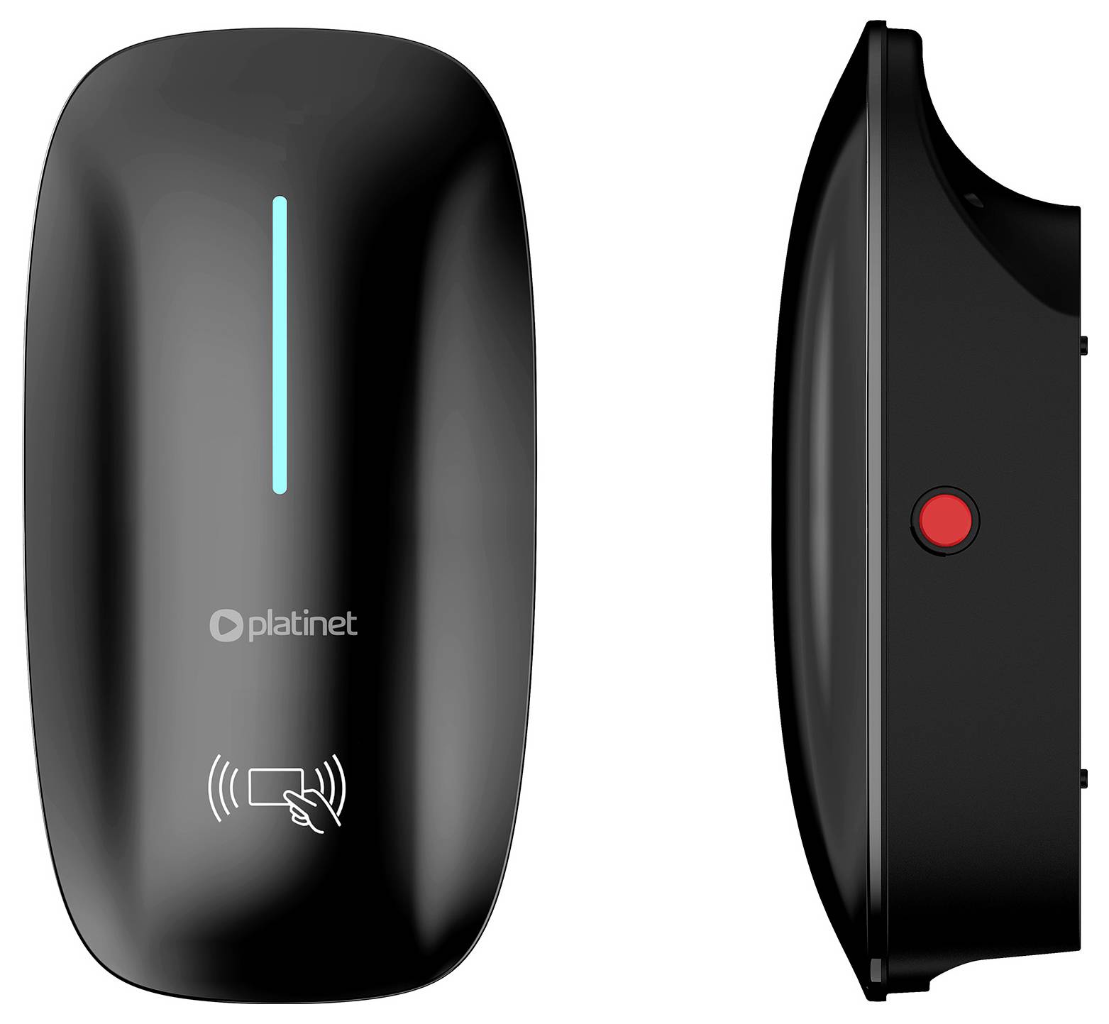 Zwarte aan de muur gemonteerde contactloze kaartlezer met een verticale blauwe lichtbalk, Platinet-logo en zijkant met een rode knop.