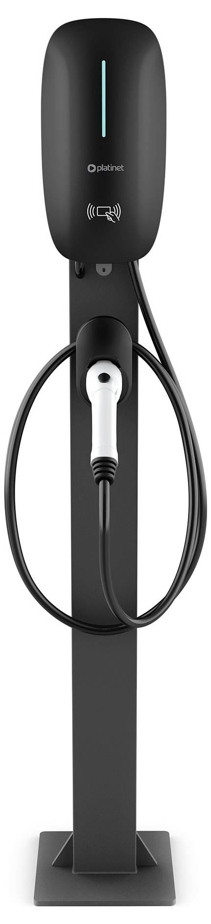 Aan de muur gemonteerd elektrisch voertuig laadstation met een kabel en stekker, weergegeven in vooraanzicht op een donkere standaard met een verticale lichtindicator.