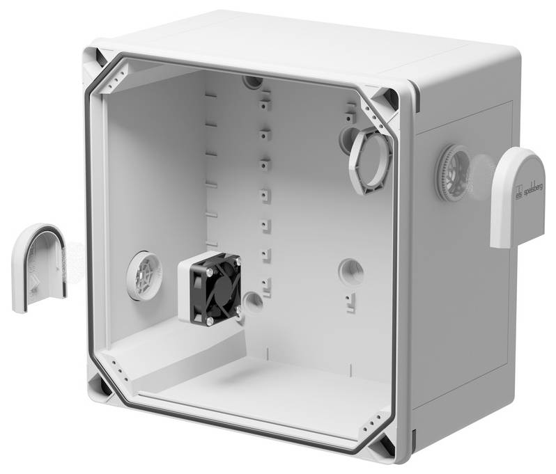 Open elektrische behuizingskast met een afneembare voorkant, interne bevestigingspunten, ventilatieopeningen en zijdelingse draaiknopbesturingselementen op een witte achtergrond