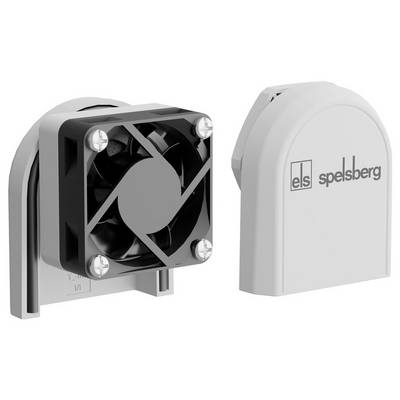 Productafbeelding van een vierkante zwarte ventilatieventilator met vier hoekbouten naast een grijze beschermkap met het label 'els spelsberg'.