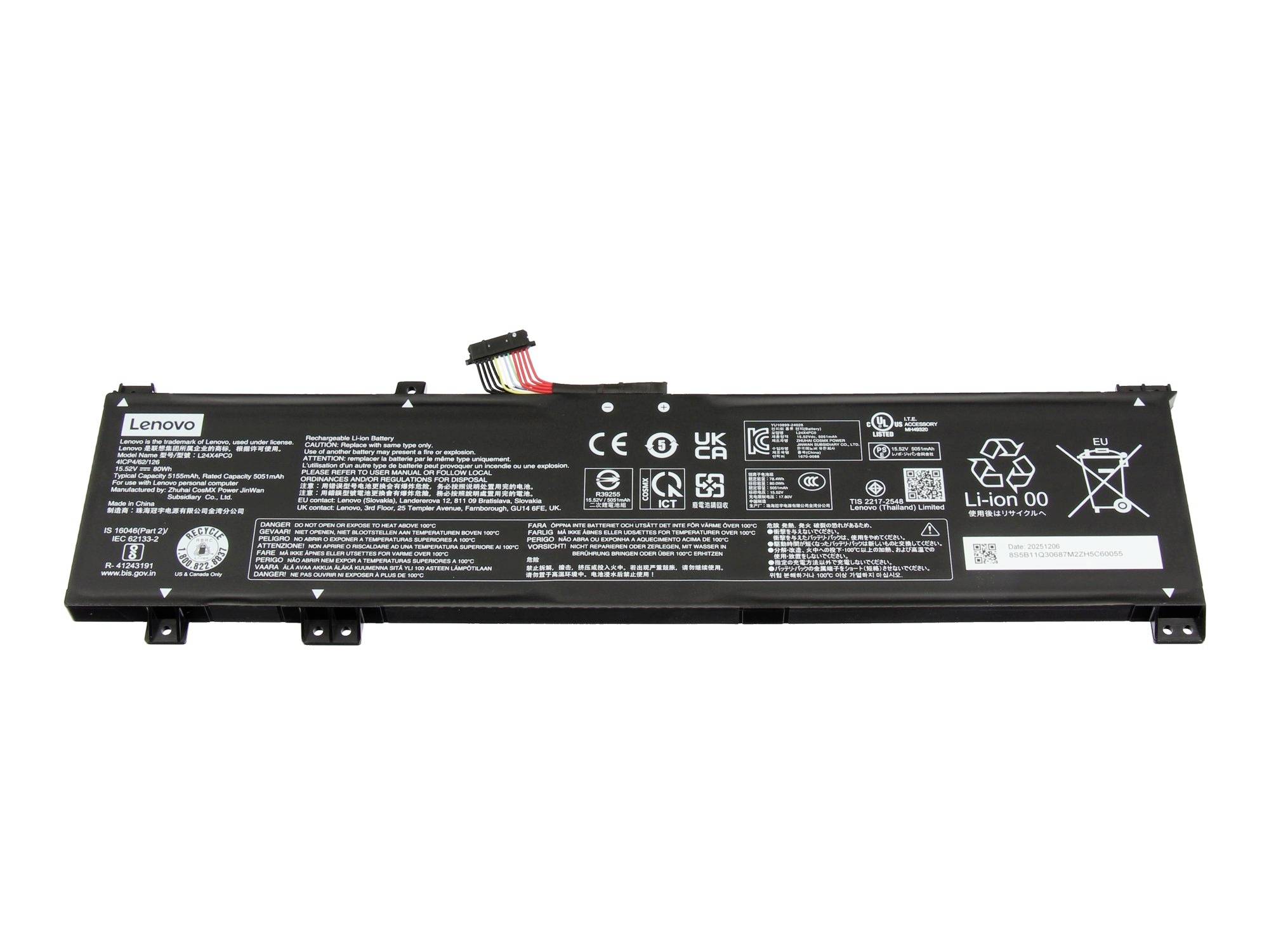 Lenovo laptop batterijpack met aansluitingskabel, geïsoleerd op een witte achtergrond.