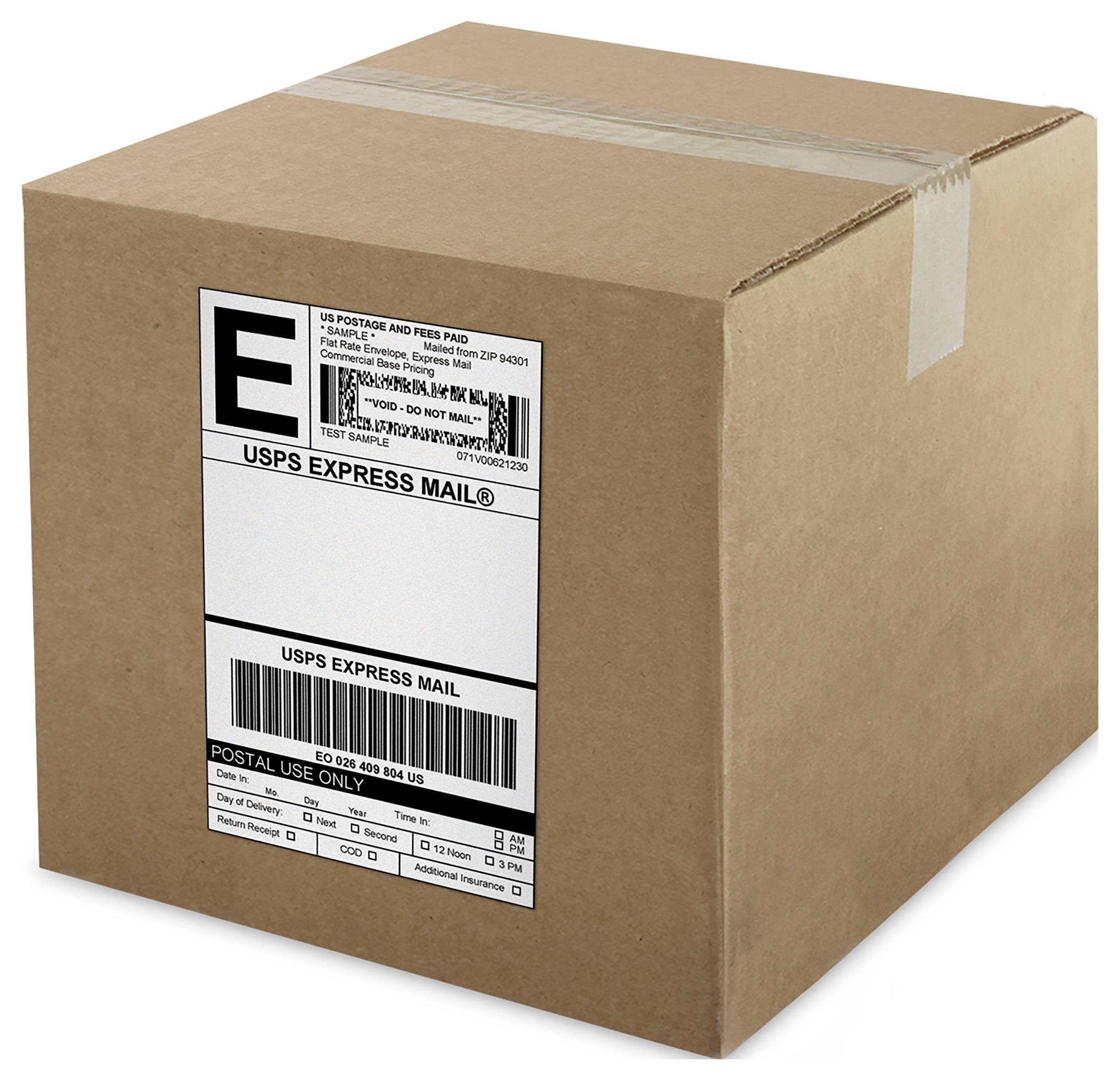 Een gesloten bruine kartonnen verzendingsdoos met een USPS Express Mail-label op de voorkant.