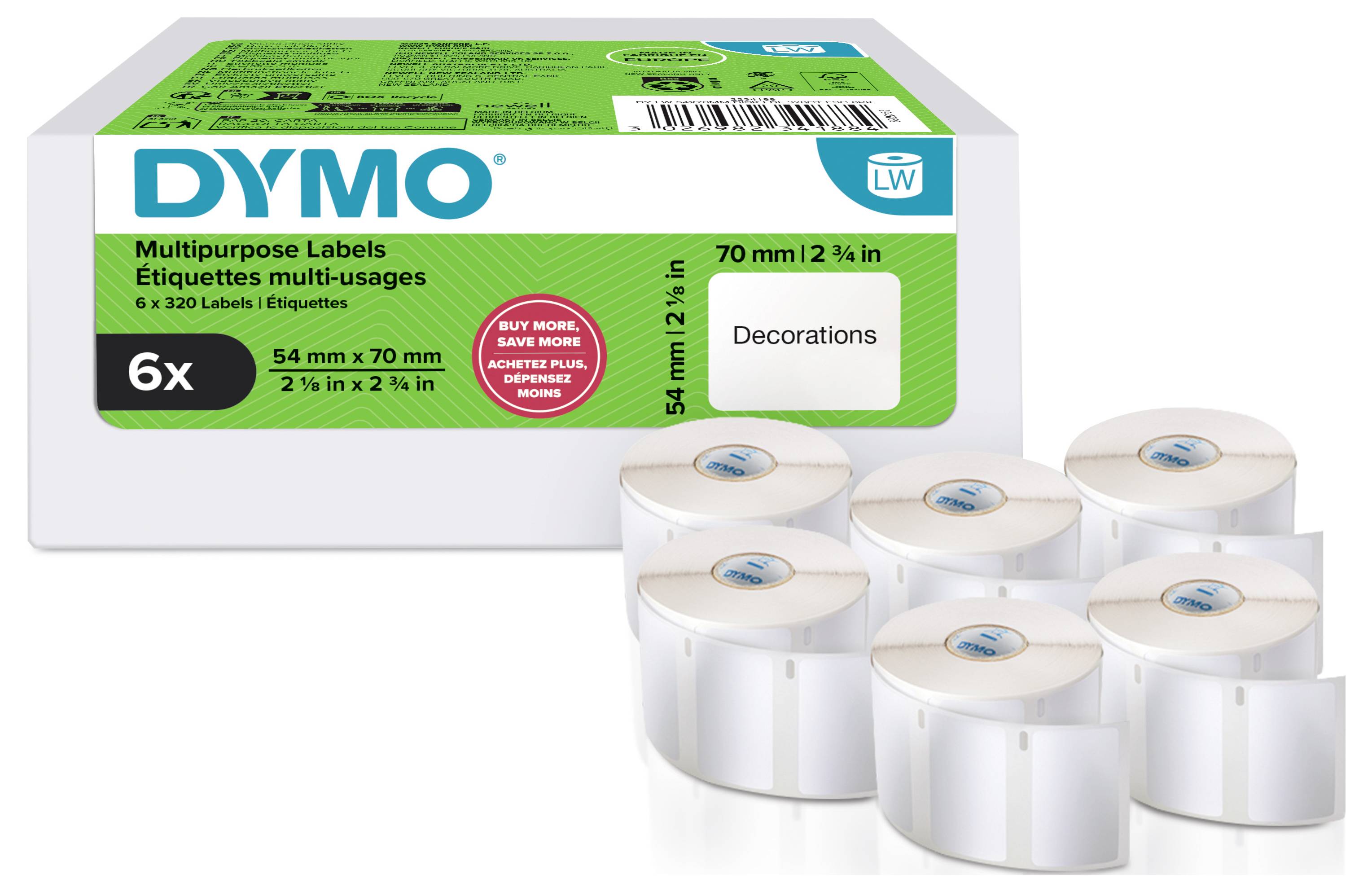 DYMO multifunctionele labeldoos met zes rollen witte etiketten, maat 54 mm x 70 mm, afgebeeld met gestapelde labelrollen en 'Decorations' op de verpakking.