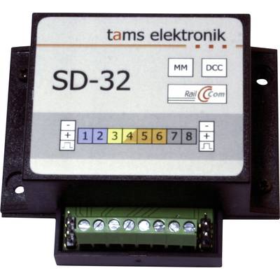 Vooraanzicht van een 'tams elektronik SD-32' MM/DCC raildecodeerder met genummerde 1-8 uitgangsklemmen en schroefklemmenblok.