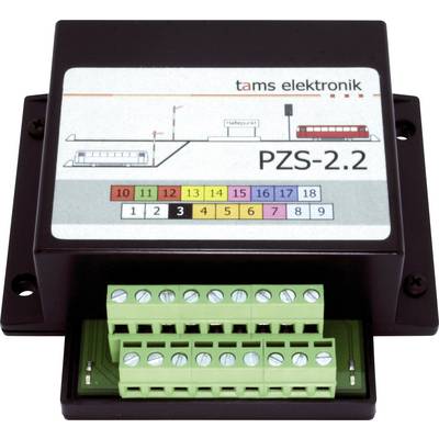 Een Tams Elektronik PZS-2.2 railbesturingsmodule met gelabeld sporendiagram, gekleurde adresgetallen, en groene schroefklemmen.