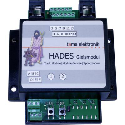 HADES spoormodule elektronisch apparaat met gelabelde aansluitingen, aansluitblokken en twee knoppen, gebranded 'tams elektronik' met een Hades-afbeelding.