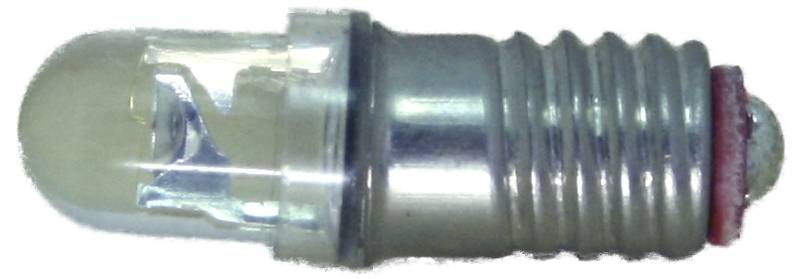 Close-up van een klein metalen gloeilamp- of zekeringachtig component met een glazen punt en gedraaida metalen behuizing op een witte achtergrond.