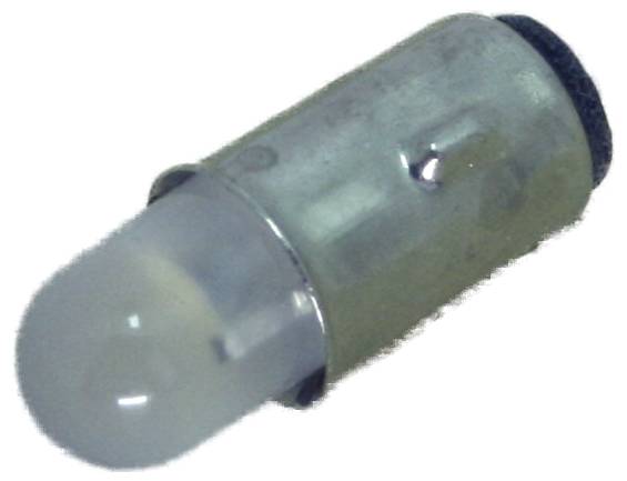 Close-up van een kleine cilindrische gloeilamp met een gematigd afgeronde punt en metalen voet, geïsoleerd op een witte achtergrond.