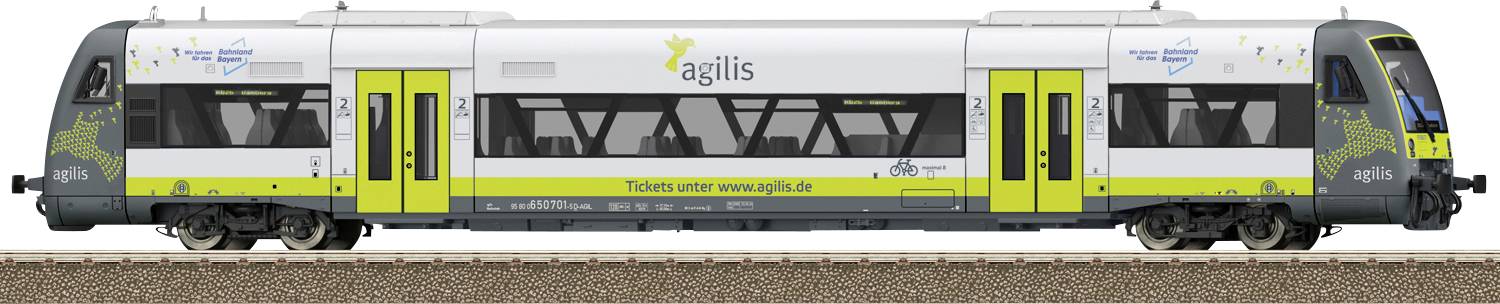Zijaanzicht van een Agilis-passagierstrein met twee fel gele deuren, grijze carrosserie en groen-geel merk op een witte achtergrond.