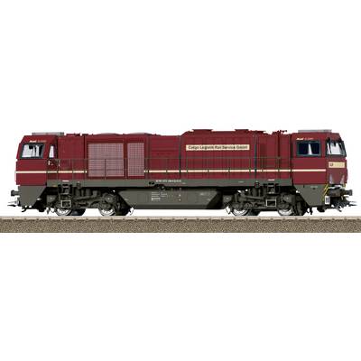 Zijaanzicht van een rode diesellocomotief van Cargo Logistik Rail Service GmbH op rails, met nummer 92 80 1275 009-5 op de carrosserie aangemerkt.