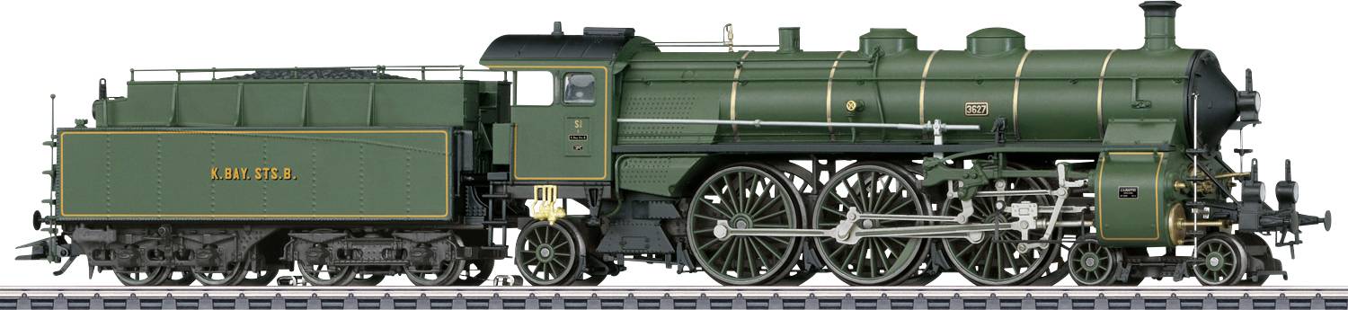Een groene stoomlocomotief met tender weergegeven in profielzicht, gelabeld 'KING STEEL', op een witte achtergrond.