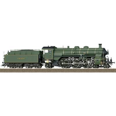 Zijkant van een donkergroene stoomlocomotief met bijpassende tender, weergegeven op een witte achtergrond.