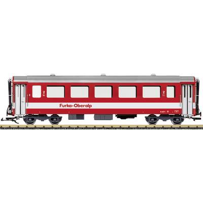 Rood en witte Furka-Oberalp passagiersrailwagen weergegeven in zijkant op sporen, met meerdere ramen en zwarte wielen.