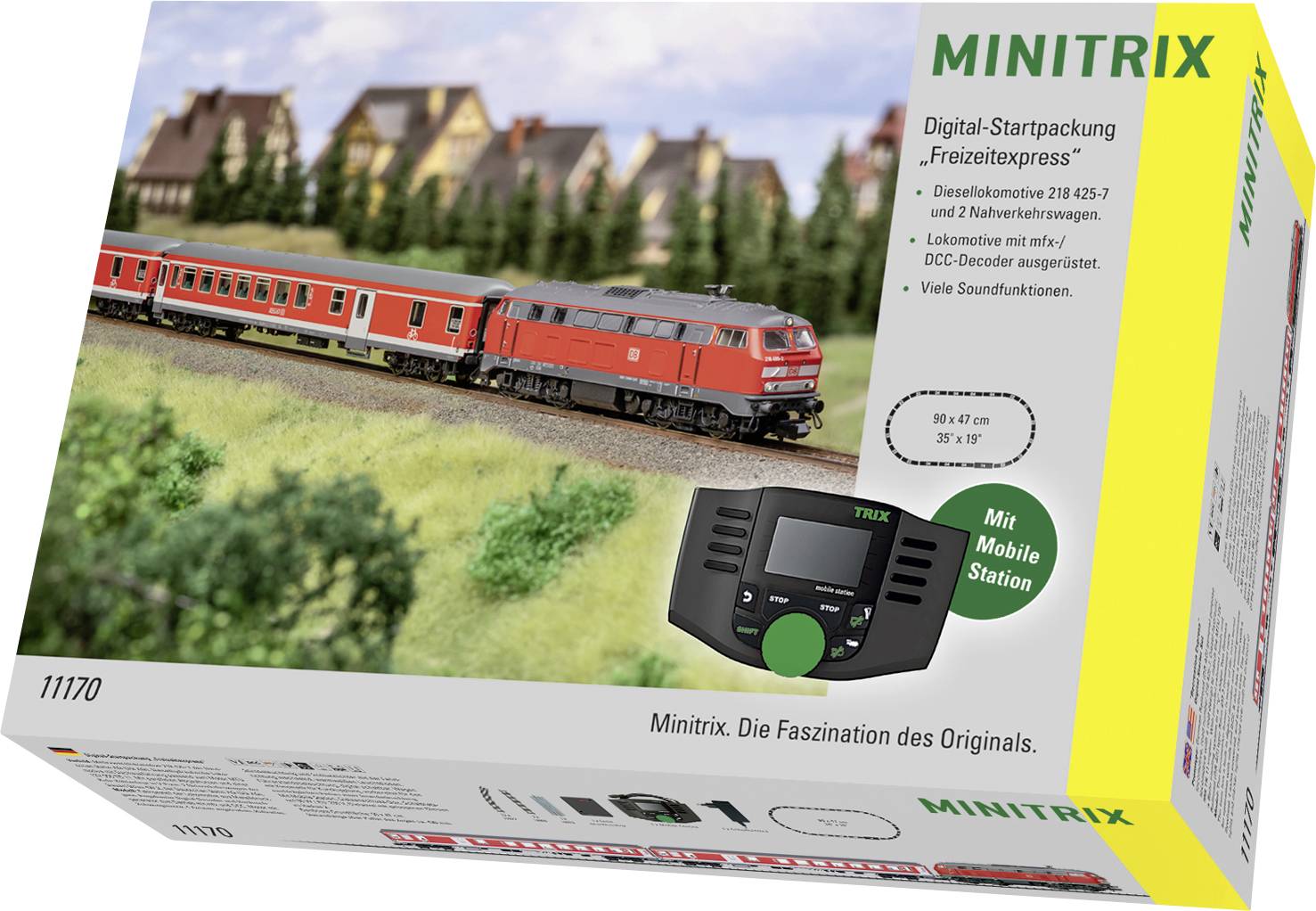 Minitrix modeltreinsetnstartkist met een rode locomotief met passagierswagons, treinbaanscène en bijgeleverde mobiele stationcontroller.