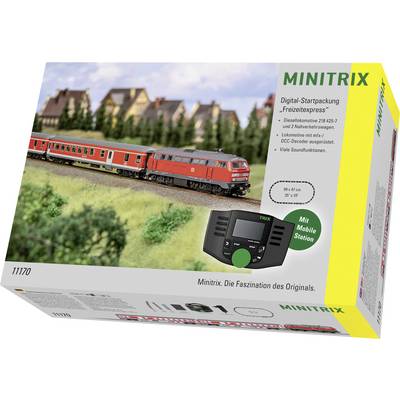 Minitrix modeltreinsetnstartkist met een rode locomotief met passagierswagons, treinbaanscène en bijgeleverde mobiele stationcontroller.