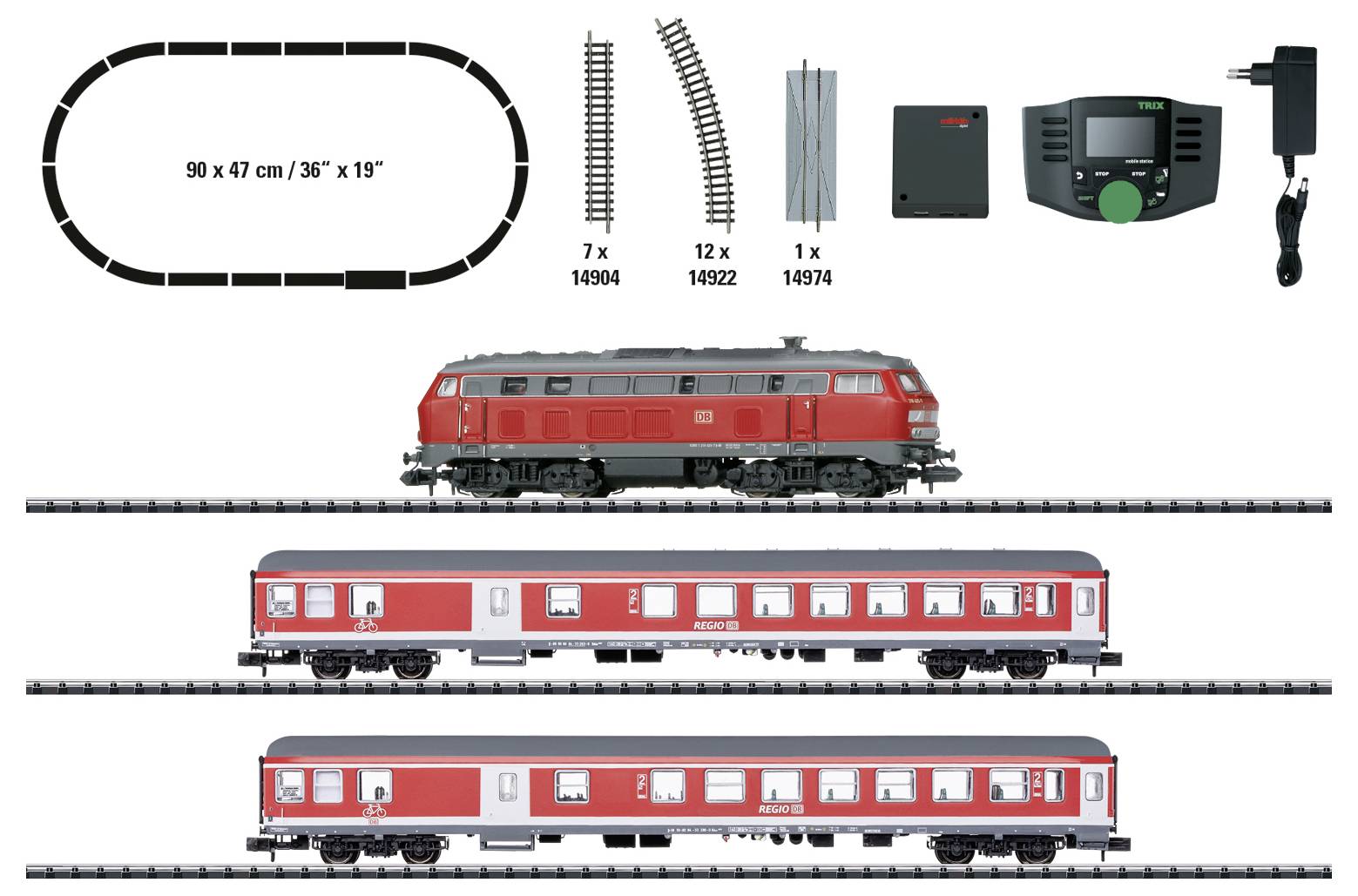 Speelgoedtreinset inhoud: ovaal spoor 90 x 47 cm, controller en voeding, één rode locomotief en twee rode passagierswagons.