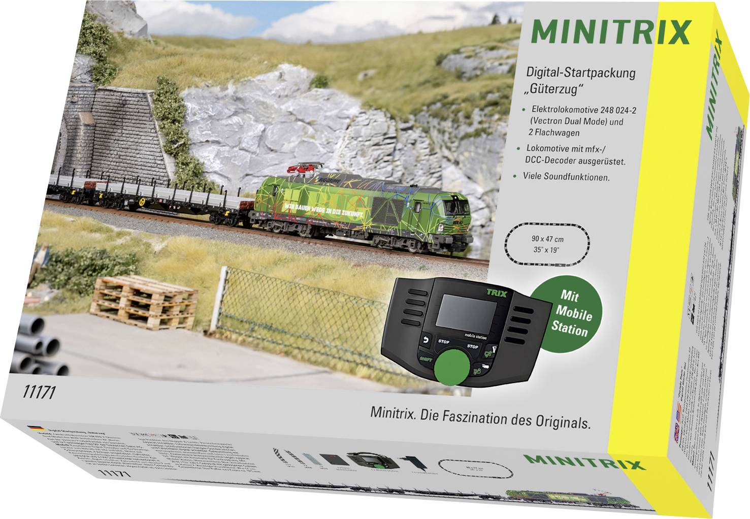 Productdoos voor MINITRIX digitaal startset met groene locomotief die vrachtwaggons trekt, met spoor, controller en 'Mit Mobile Station'-etiket.