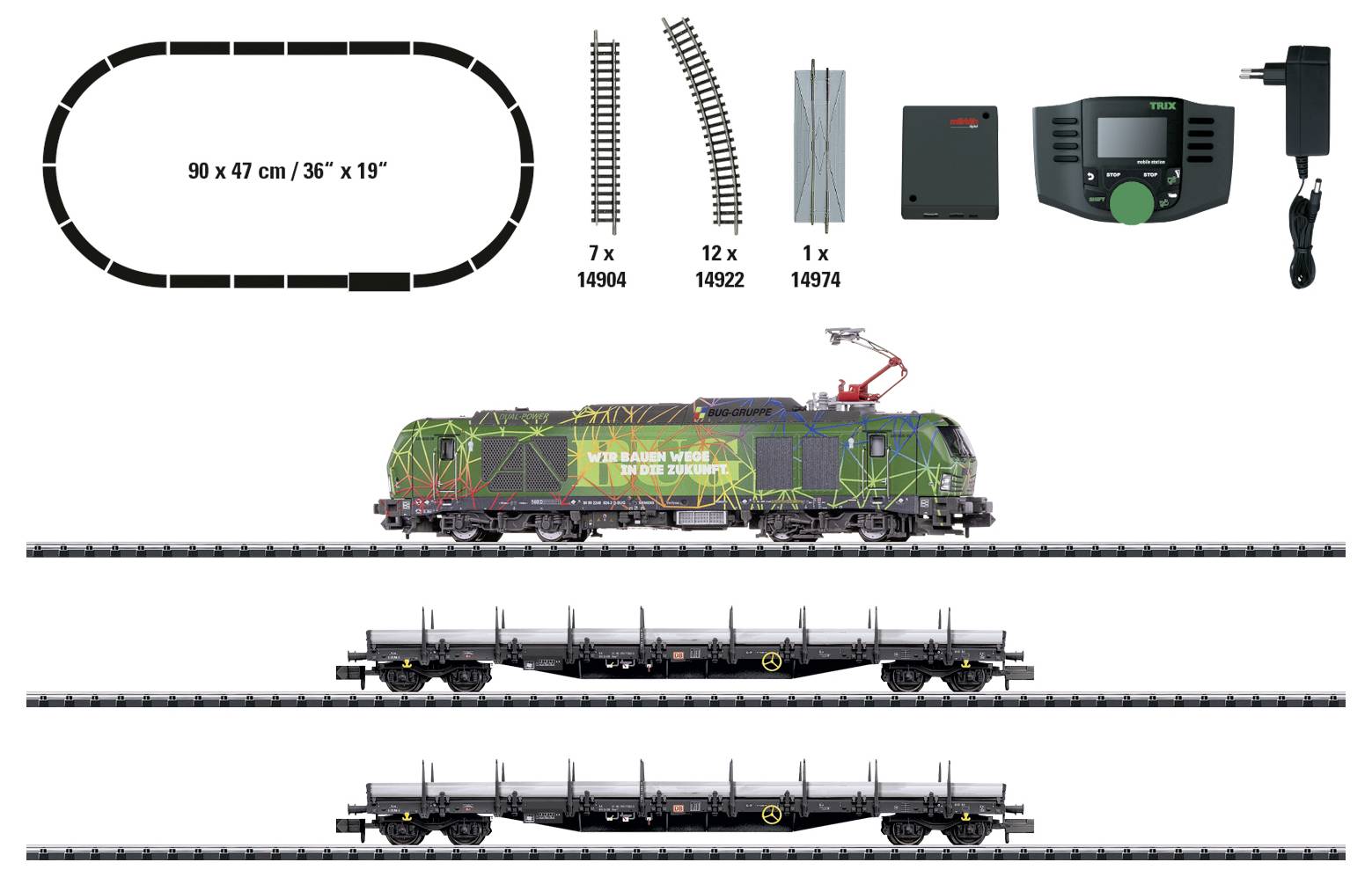 Modeltrein starterset layout met ovaal spoor van 90 x 47 cm (35 x 18 inch), sporen en controller, met een versierde locomotief en twee plateauwagens op rechte spoorsecties.