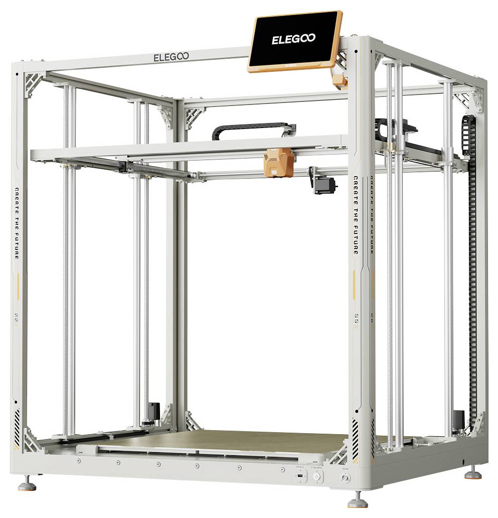 Een grote witte ELEGOO gesloten 3D-printer met een kubusvormig frame, aanraakscherm en bouwplateau erin.