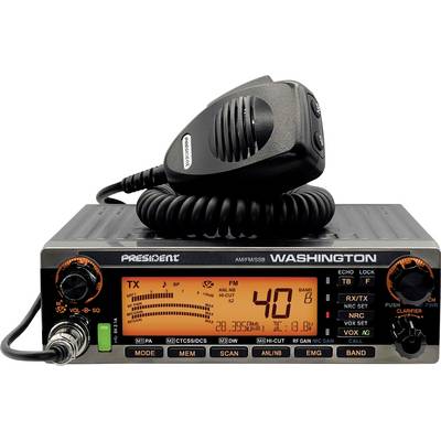 Close-up van een President Washington CB-radio met microfoon rustend bovenop, met een oranje digitaal display en bedieningsknoppen.