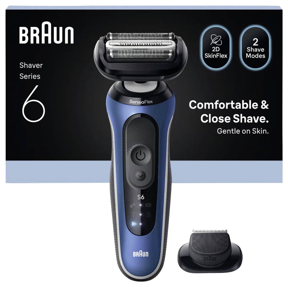 Braun Series 6 elektrisch scheerapparaat met oplaadstation, gelabeld als 'Comfortabel & Dicht Scheren. Zacht voor de Huid.' en '2 Scheermodi'.