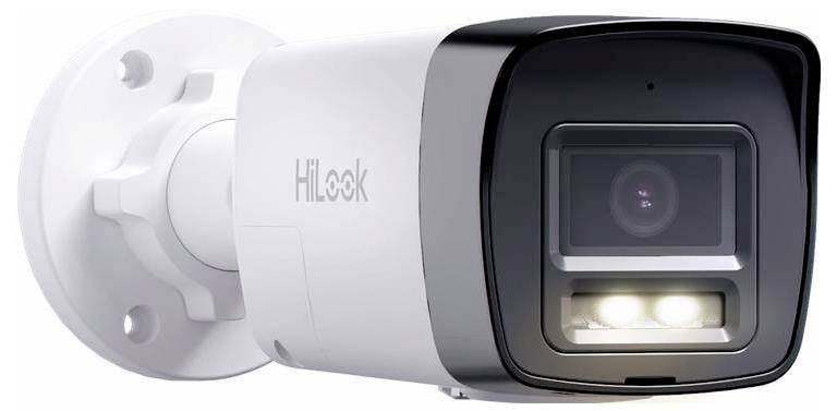 Witte Hilook kogel beveiligingscamera met zwart frontlens en infraroodlichten, gemonteerd op een wandbeugel tegen een witte achtergrond.