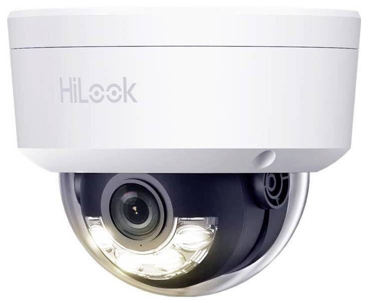 Witte Hikvision HiLook dome beveiligingscamera met zichtbare lens en ingebouwde infraroodlichten, weergegeven op een witte achtergrond.