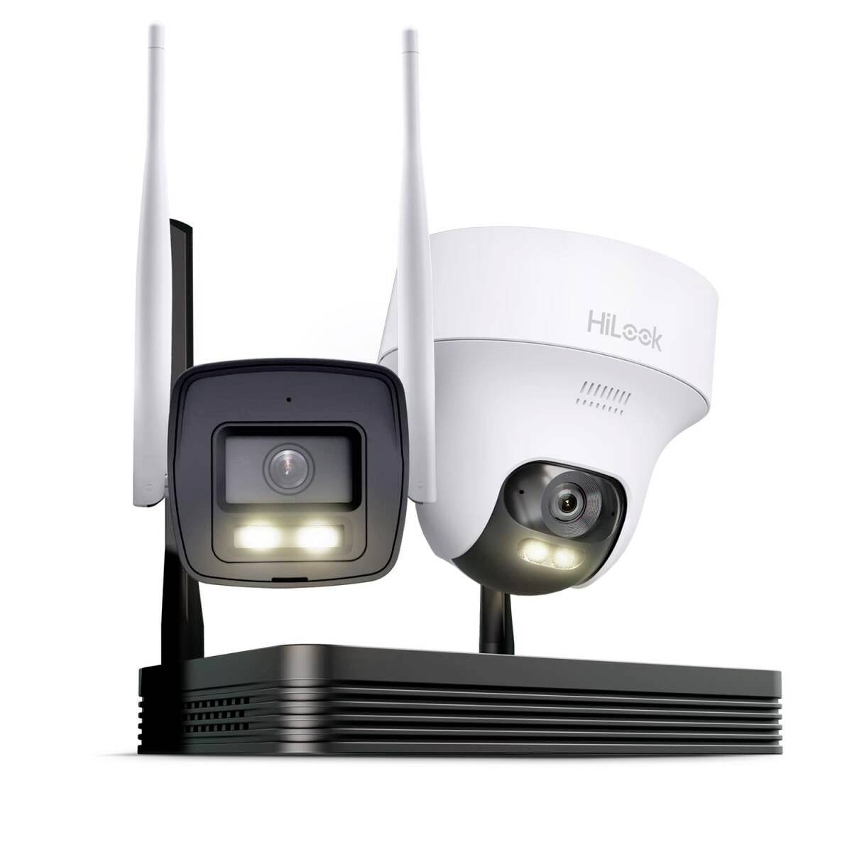 Twee draadloze beveiligingscamera's met antennes op een zwarte basis, één zwart en één wit HILook-model, beide met ingebouwde verlichting.