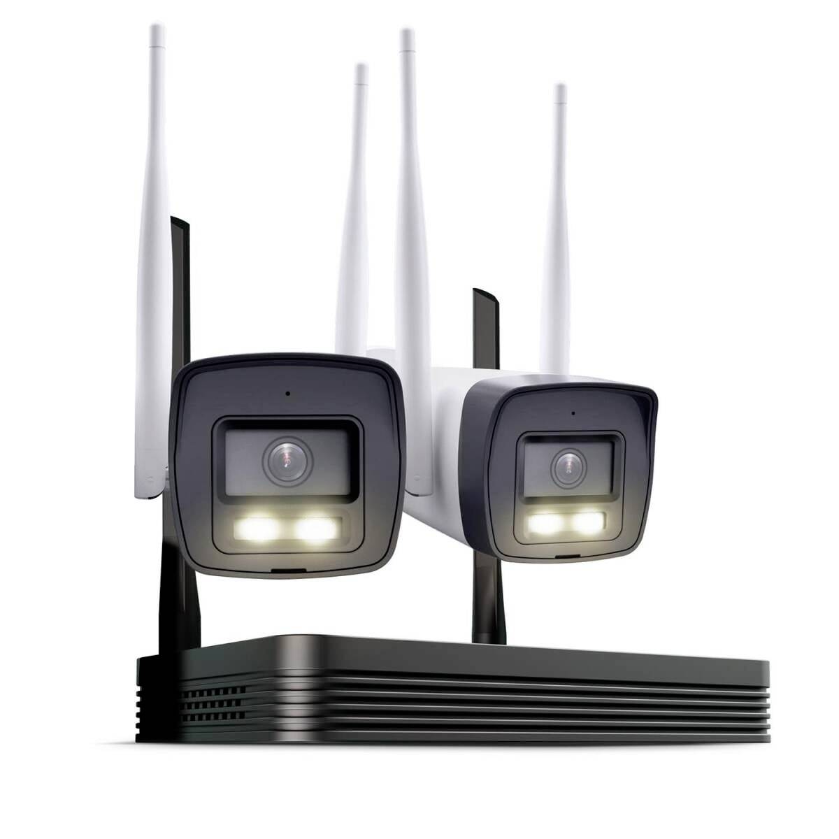 Twee zwarte draadloze beveiligingscamera's met antennes en verlichte LED's op een voet, afgebeeld op een witte achtergrond.