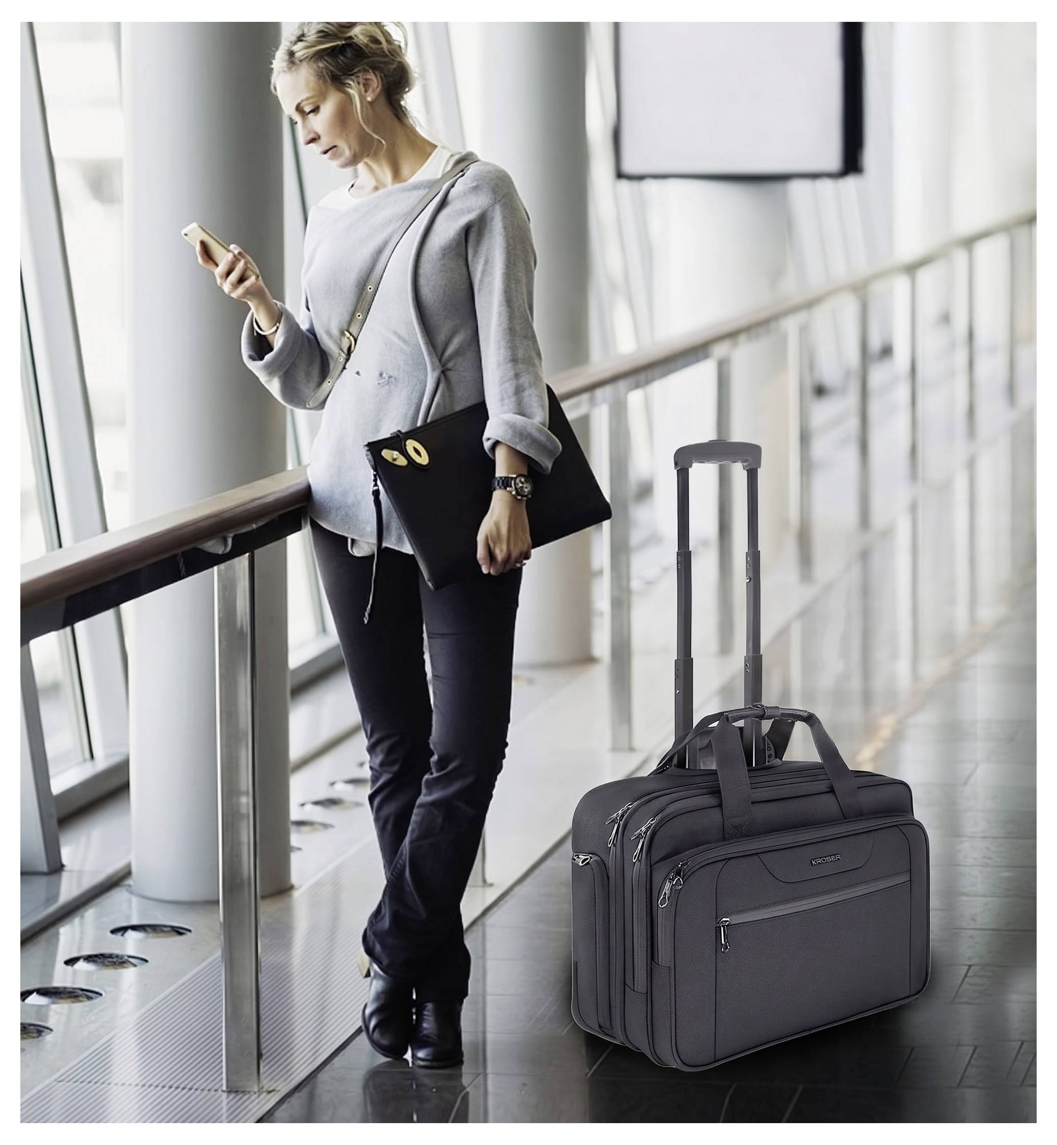 KROSER Laptop Handgepäck Koffer, Rolling Case mit Rädern Bis zu 17,3 Zoll Laptoptrolley Zwart-4