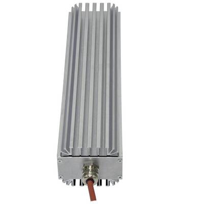 Zilveren gefineerde aluminium koellichaam met een rode kabel bevestigd aan de basis, weergegeven op een eenvoudige witte achtergrond.