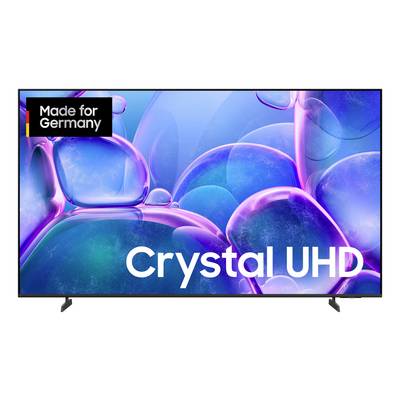 Flat-screen tv met kleurrijke blauwe en paarse abstracte bubbels op het scherm met 'Crystal UHD'-tekst en een 'Gemaakt voor Duitsland'-badge.