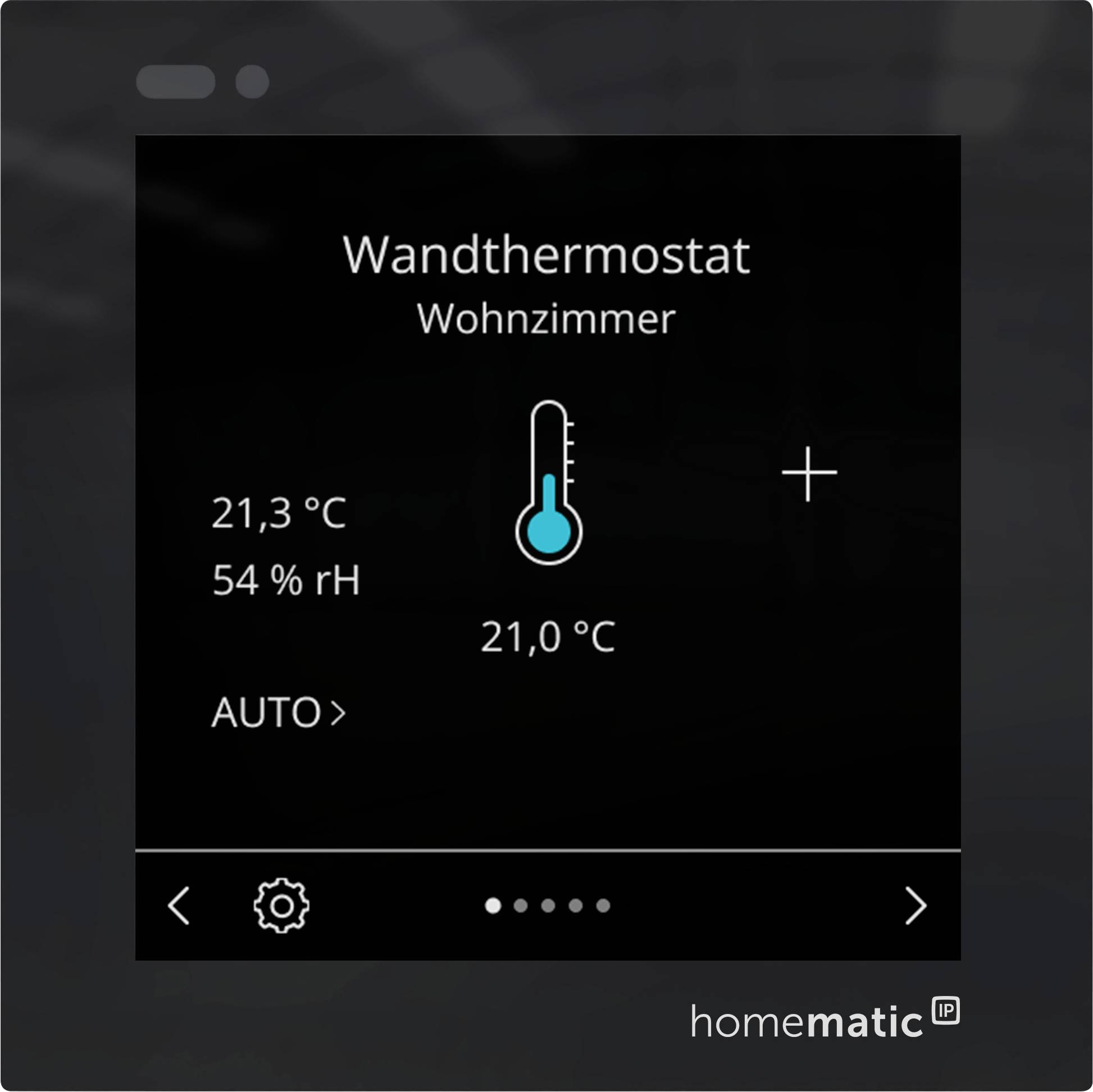 Slimme thermostaat bedieningsscherm voor de woonkamer met 21,3°C, 54% vochtigheid, doeltemperatuur 21,0°C, Automodus, en verhogen/verlagen regelaars.