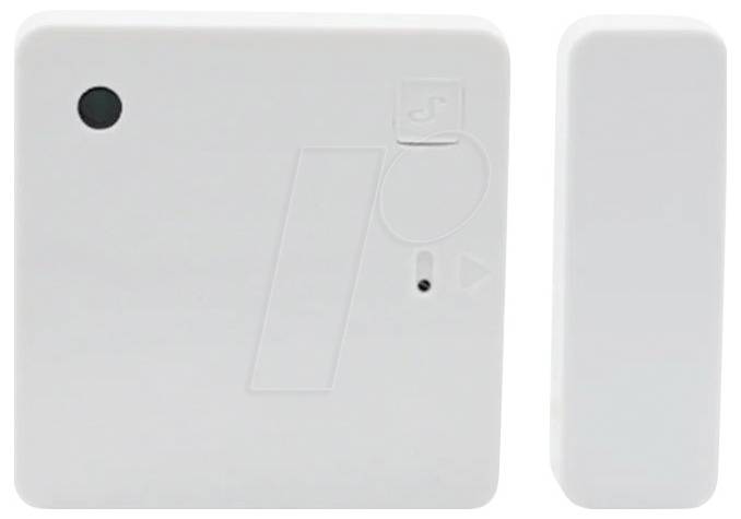 Wit draadloos beveiligingssensorpakket met een vierkante hoofdeenheid en een slanke rechthoekige accessoire, waarschijnlijk een deur-/raamsensor met alarm.