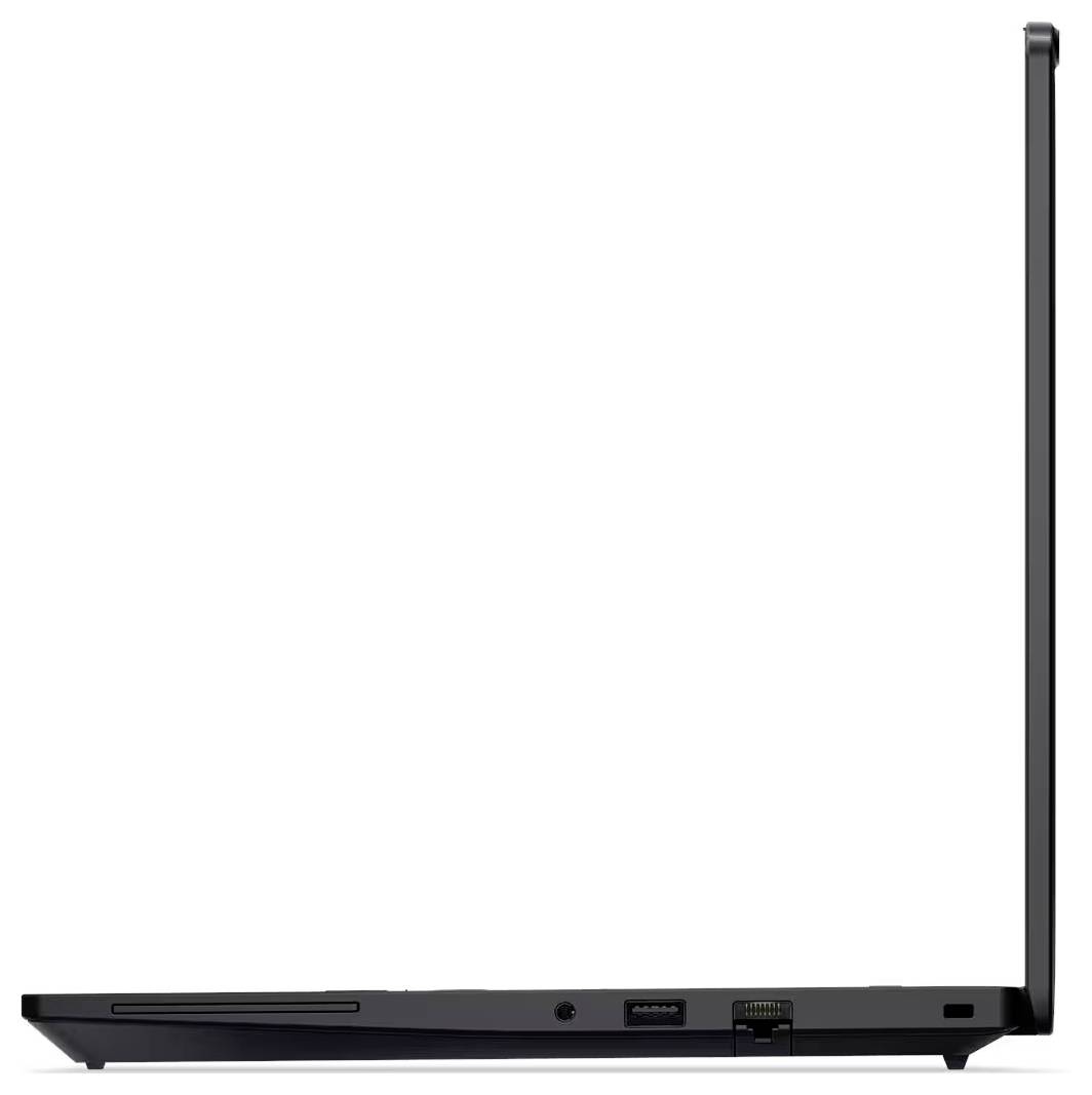 Zijaanzicht van een zwarte laptop, gesloten weergegeven met het scharnier open en poorten zichtbaar langs de achterkant.