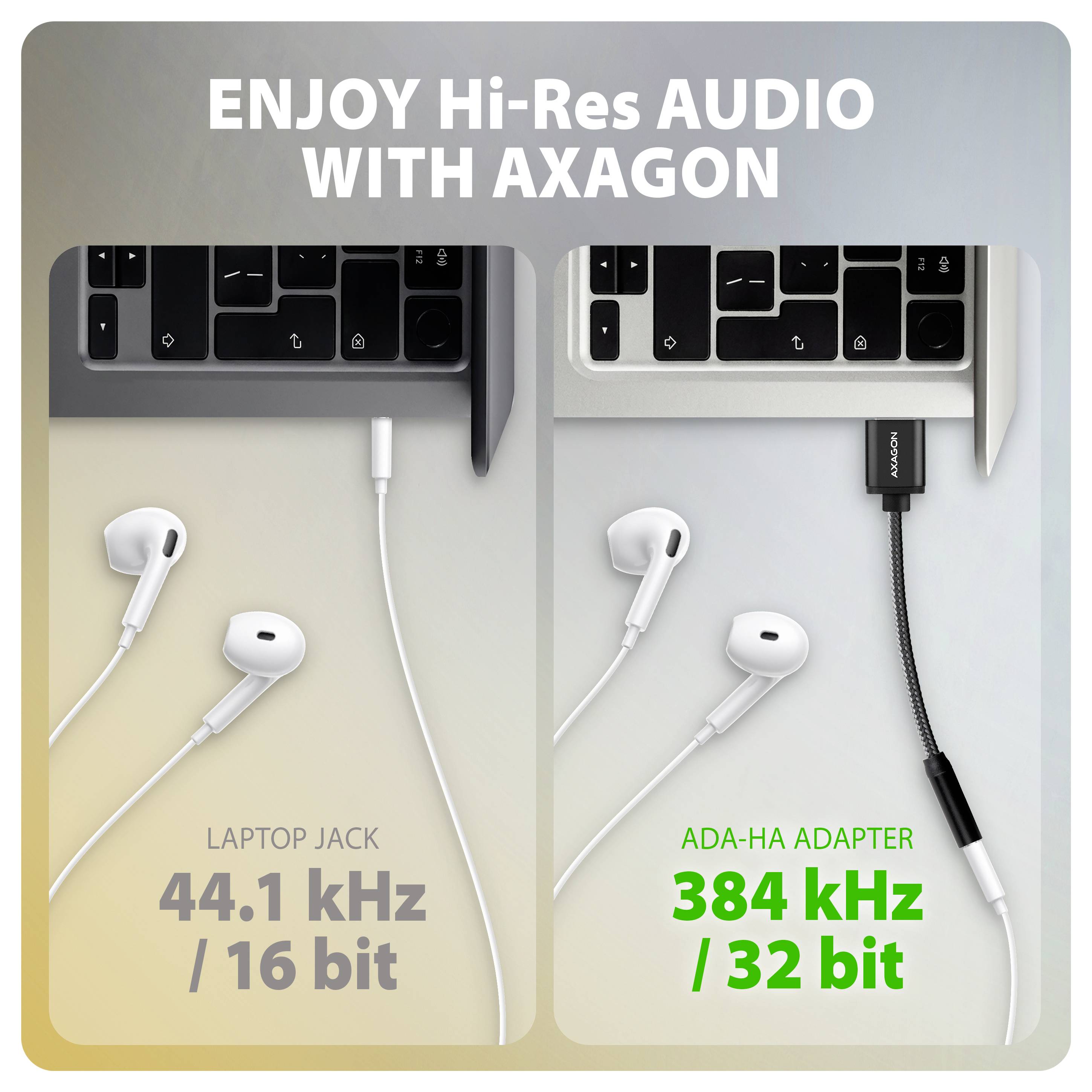 Promotionele afbeelding waarin laptopgeluidskwaliteit wordt vergeleken: 'Laptop-aansluiting 44.1 kHz/16 bit' versus 'ADA-HA adapter 384 kHz/32 bit' met koptelefoons en een verbonden adapter onder de kop 'Geniet van Hi-Res Audio met Axagon'.