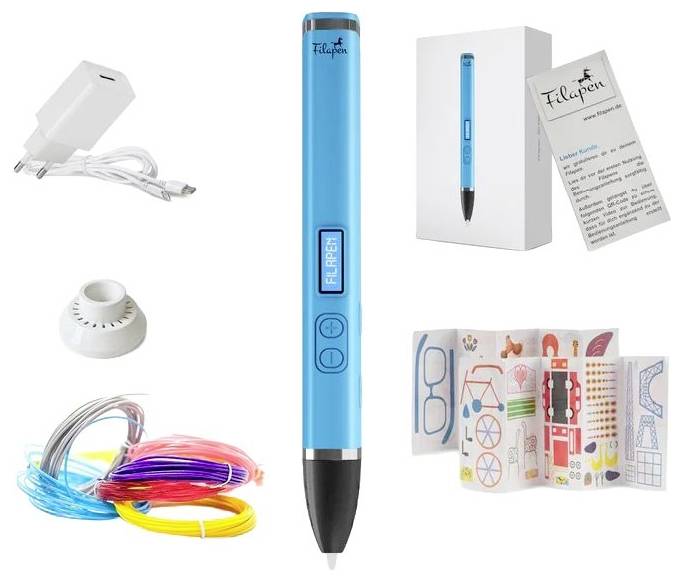 Blue Filapen 3D-penset met pen, stroomadapter, filament, standaard, doos en instructieblad.