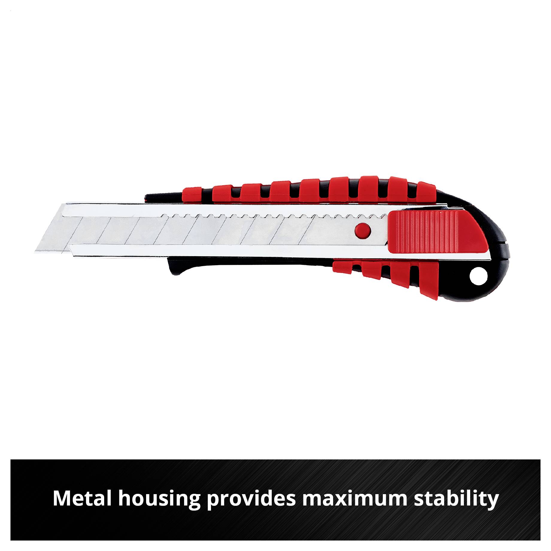 Snijmes met rood handvat en metalen behuizing; eronder staat 'Metalen behuizing zorgt voor maximale stabiliteit'.