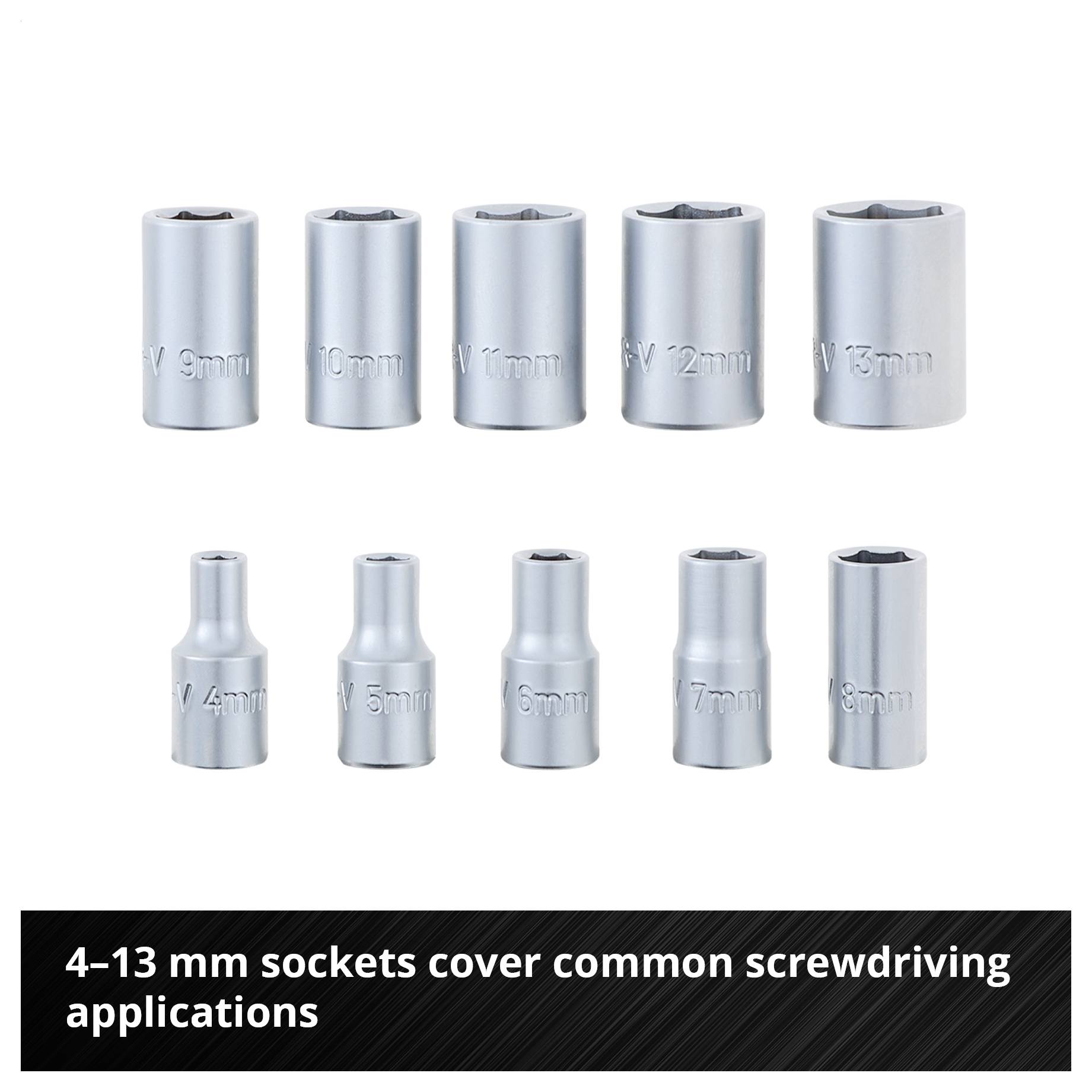 Set met steekmoeren in maten van 4 tot 13 mm; Tekst hieronder: '4-13 mm steekmoeren dekken typische schroeftoepassingen af'.