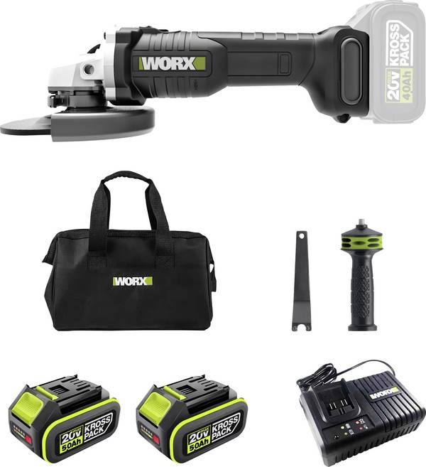 Worx Professional  WU809.2 Haakse accuslijper  125 mm Brushless, Incl. 2 accu's, Incl. lader, Incl. accessoires, Incl. tas  20 V 5 Ah