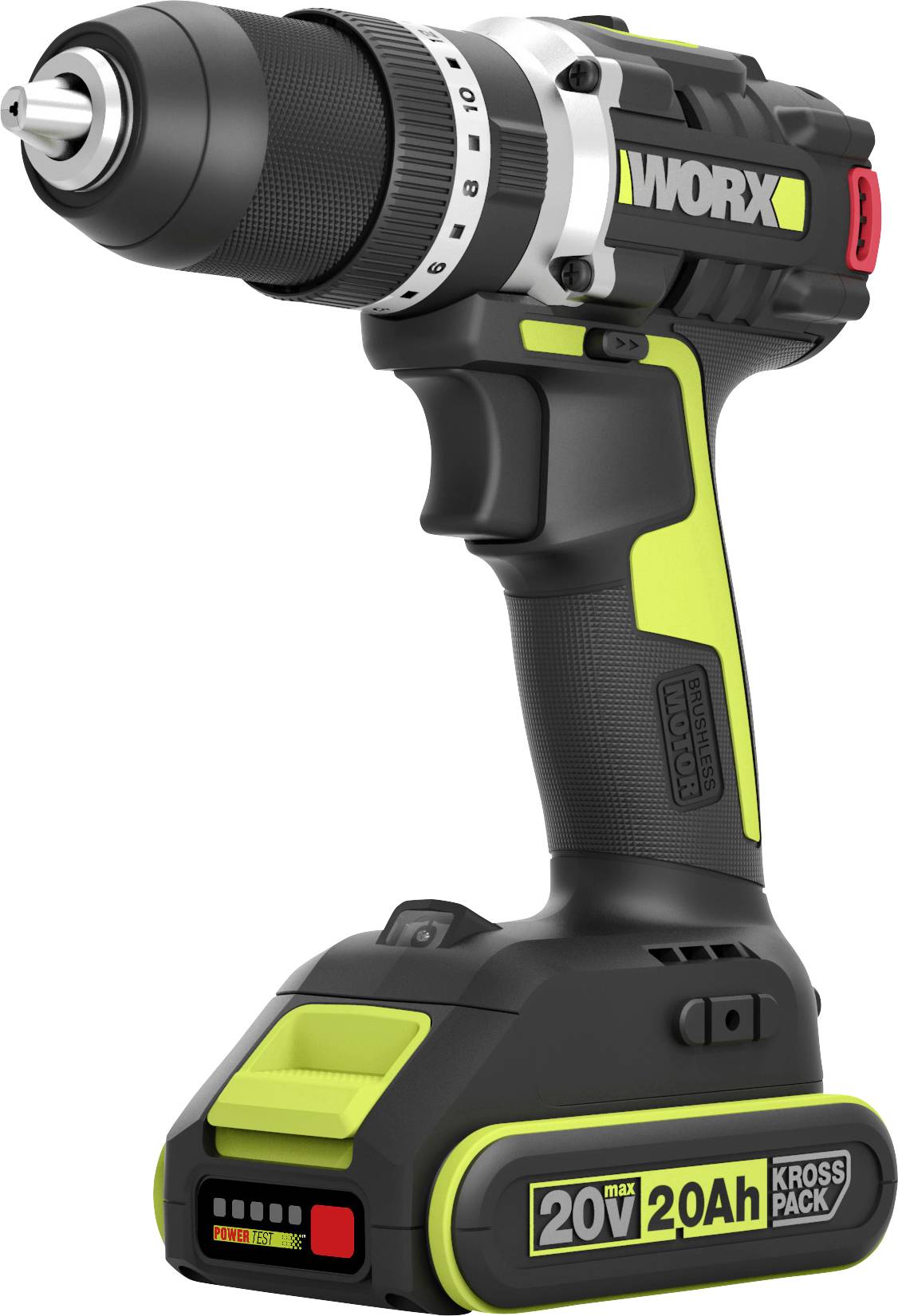 Zwarte en felgroene WORX draadloze boor met boorhouder, trekkertandel en 20V 2.0Ah accu weergegeven op een witte achtergrond.