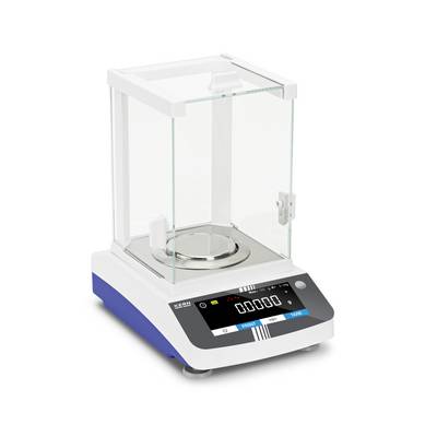 Analytische weegschaal met glazen windscherm en digitaal display, met 0.000 g op de schaal.