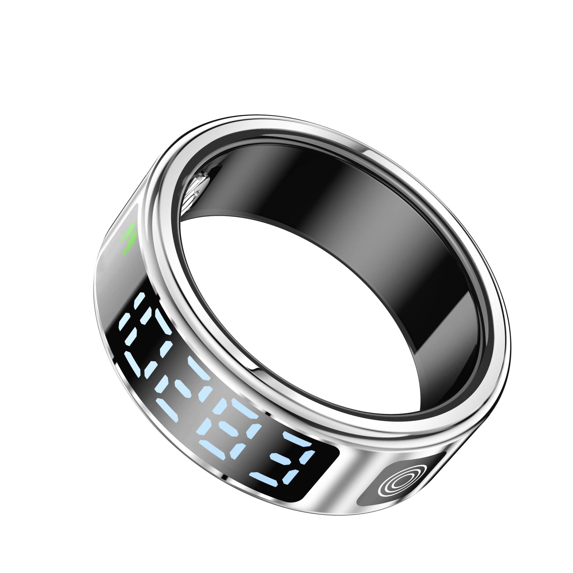 Zilveren digitale ring met een zwart display dat blauwe nummers en pictogrammen toont, lijkend op een slim draagbaar apparaat of fitnessring.