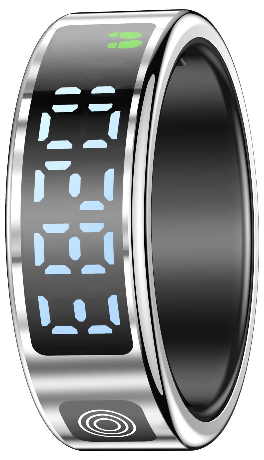 Zilveren futuristische slimme ring met een gebogen blauw digitaal display met nummers en een aanraakpictogram, weergegeven in close-up op een witte achtergrond.