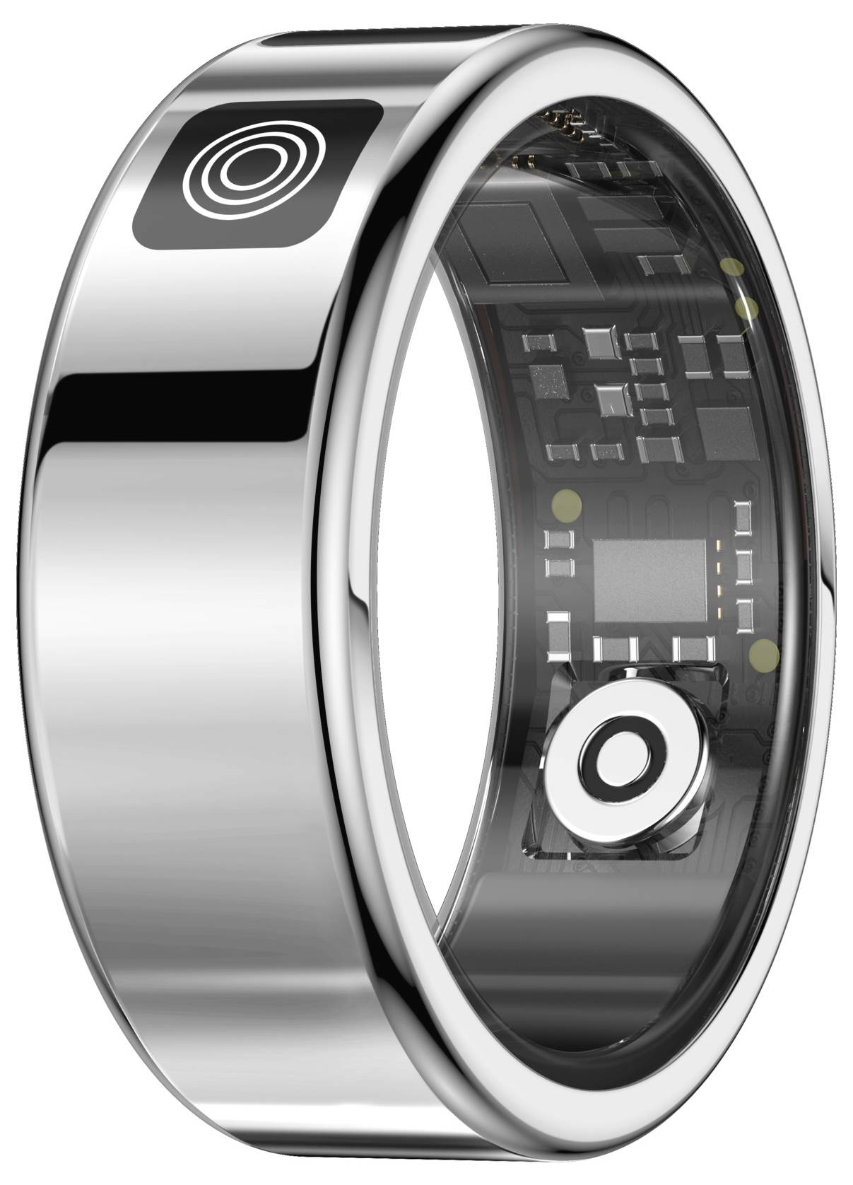 Zilveren slimme ring met zwart circuitpatroon aan de binnenkant en circulair aanraakpictogram op de buitenrand