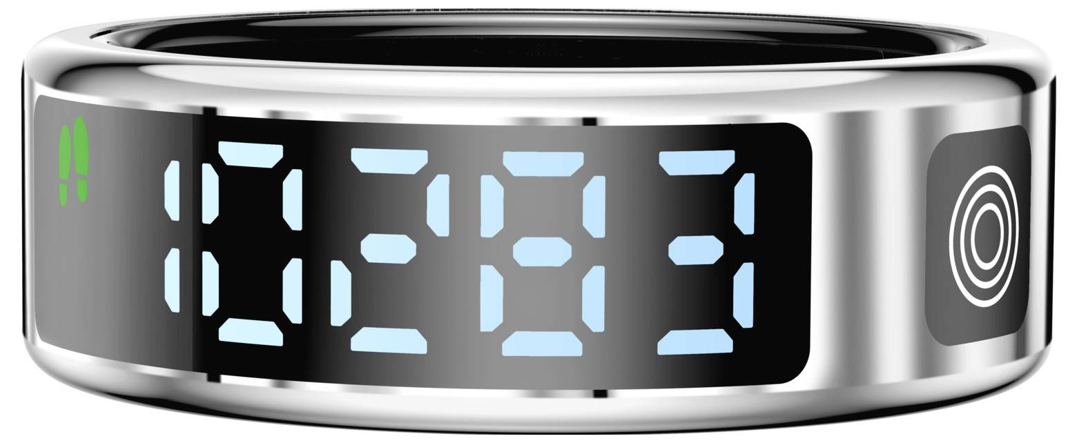 Zilveren digitale draagbare ring met een blauw verlicht LED-scherm met de tijd '02:33', met een rond aanraak- of knoopsymbool aan de zijkant.