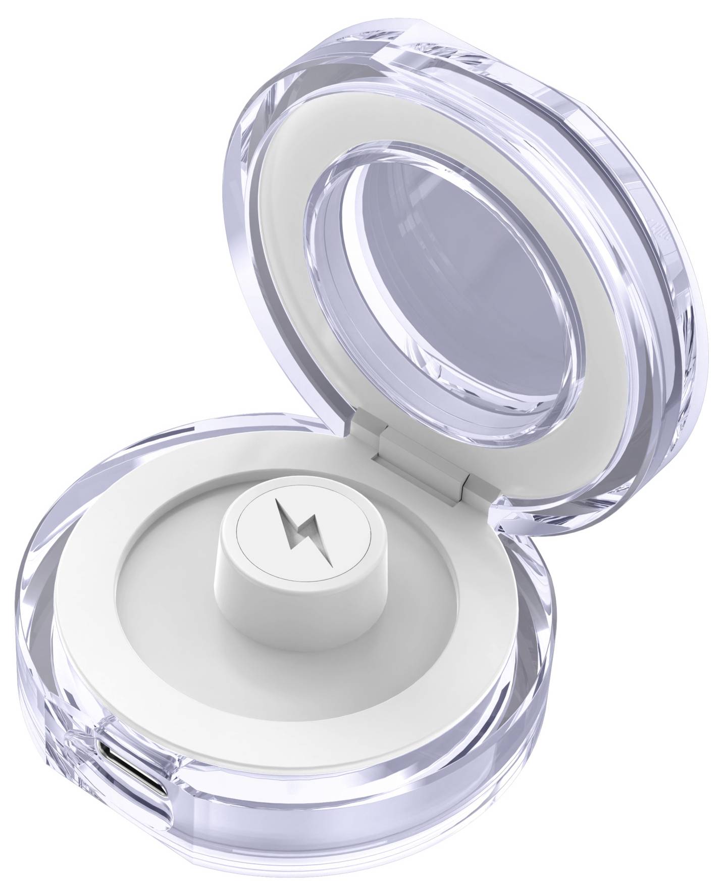 Open helder compact hoesje met een witte draadloze oordopjes laadpod erin, weergegeven op een witte achtergrond.