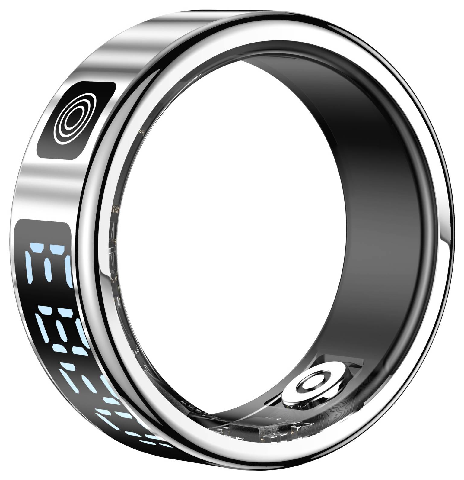 Een futuristische slimme ring met een zwart en zilverkleurig bandje, voorzien van een circulair aanraakpictogram en een gloeiend blauw digitaal display op het buitenoppervlak.
